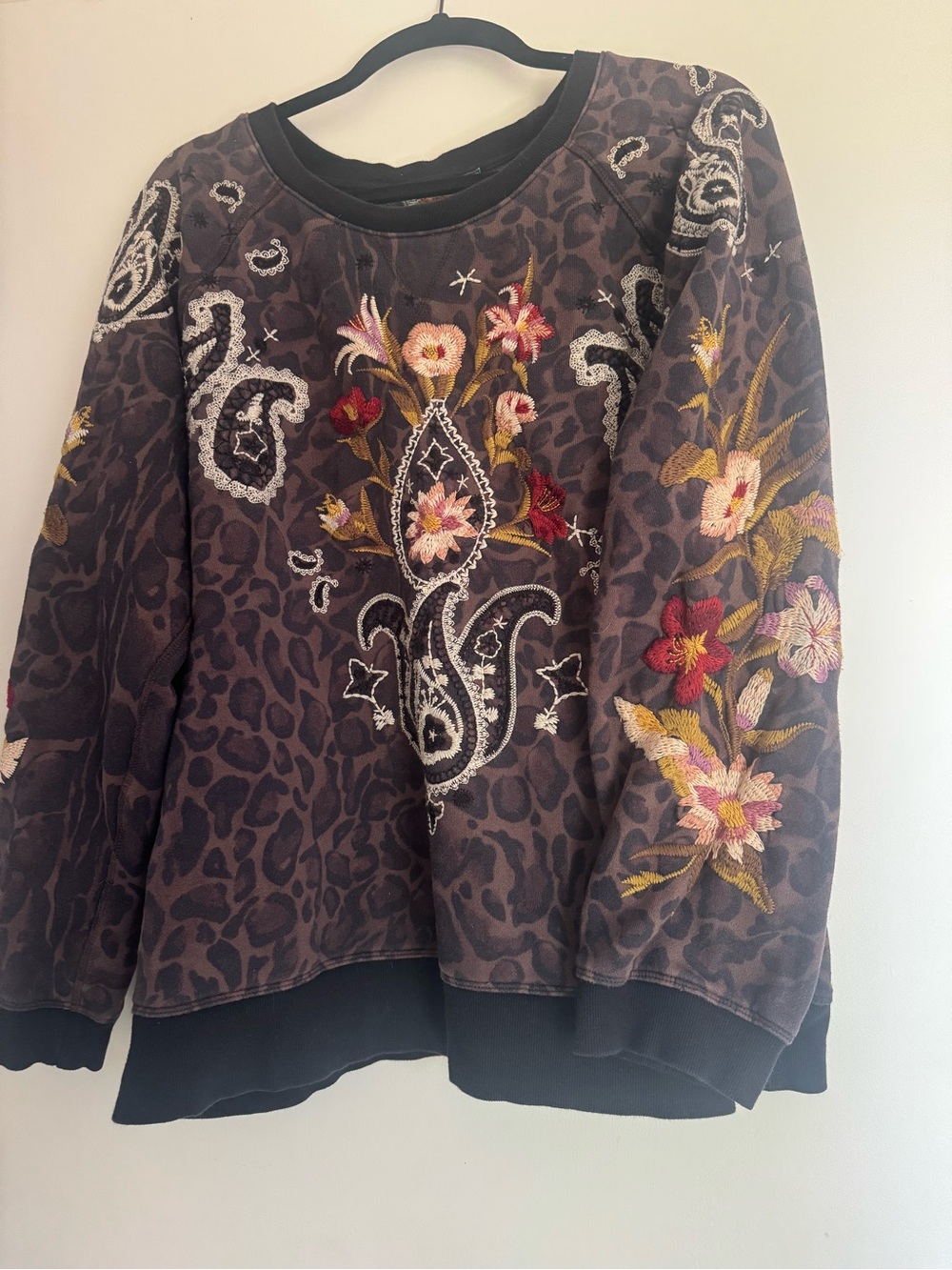 Johnny Was Brown Leopard-Print Crewneck Sweatshirt with Embroidered Florals